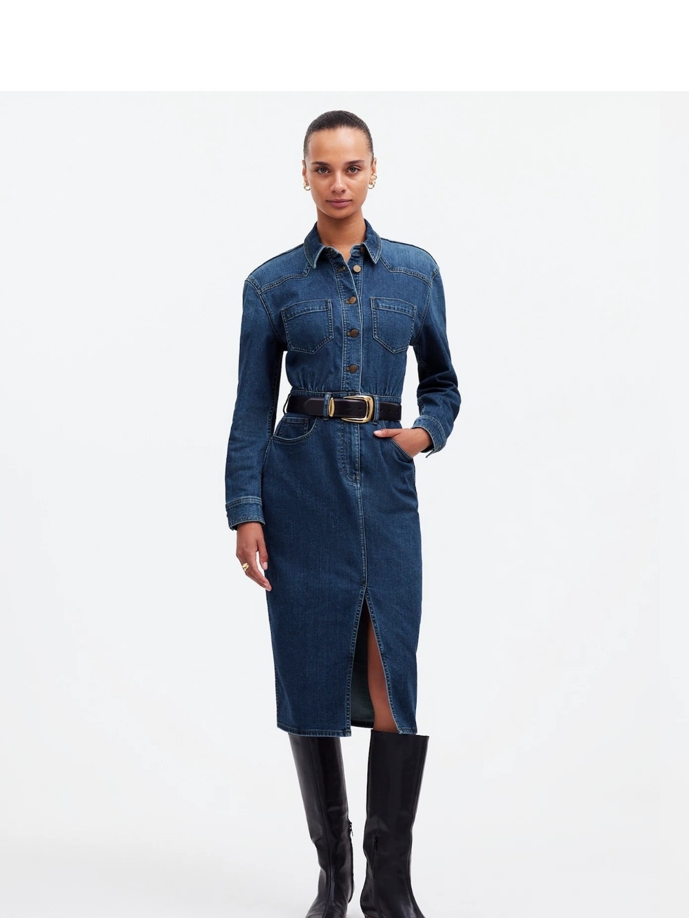Nwt Denim Button-Front Midi Dress in Dark Blue